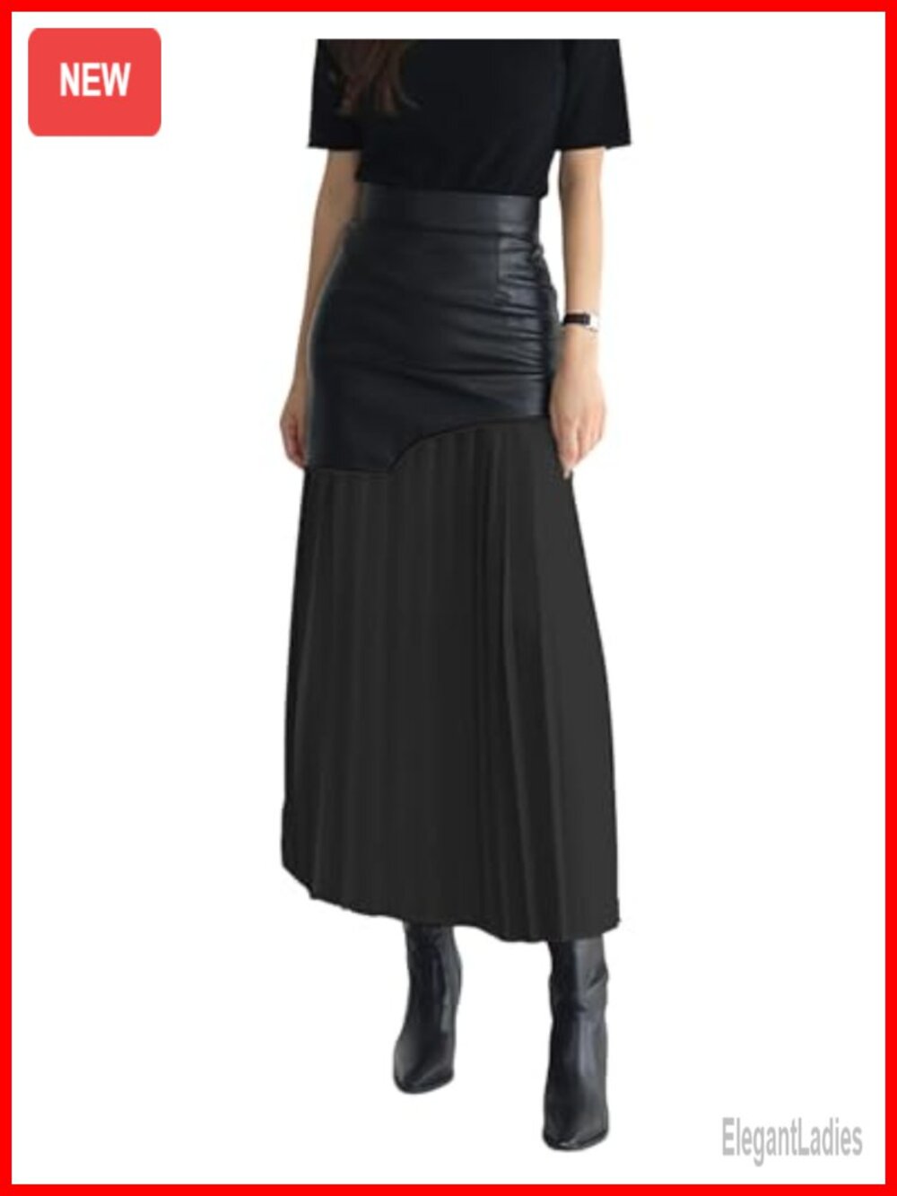 Faux PU Leather High Waist Pleated Midi Bodycon Skirt